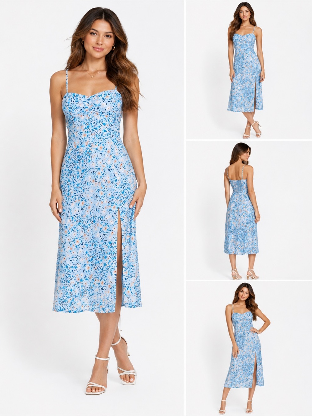 NEW NORDSTROM Socialite Floral Blue Strappy High-Slit MIDI Spaghetti Strap Dress